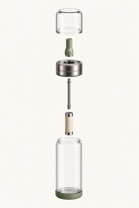 Sift exploded into six parts: glass cap, silicone mouthpiece, stainless-steel lid, rigid straw, replaceable filter, and borosilicate glass body