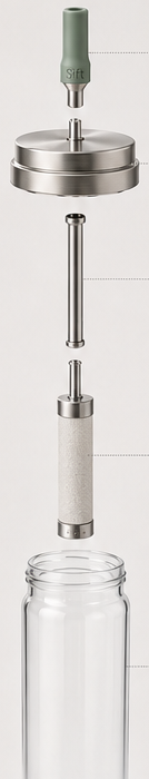 Sift exploded into five parts: silicone mouthpiece, stainless-steel lid, rigid straw, replaceable carbon filter, and borosilicate glass body