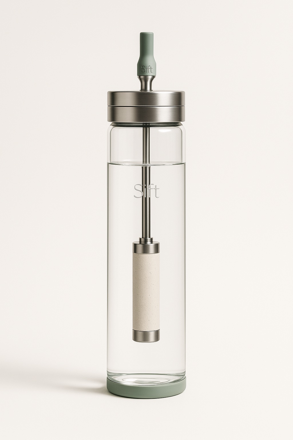 The Sift bottle rendered with clinical precision against a cool cream backdrop — a peer-reviewed answer to microplastics