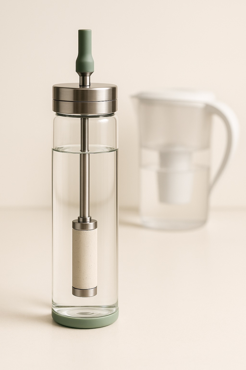 The Sift bottle in sharp focus with a Brita-style activated-carbon pitcher softly out of focus in the background — Sift replaces it