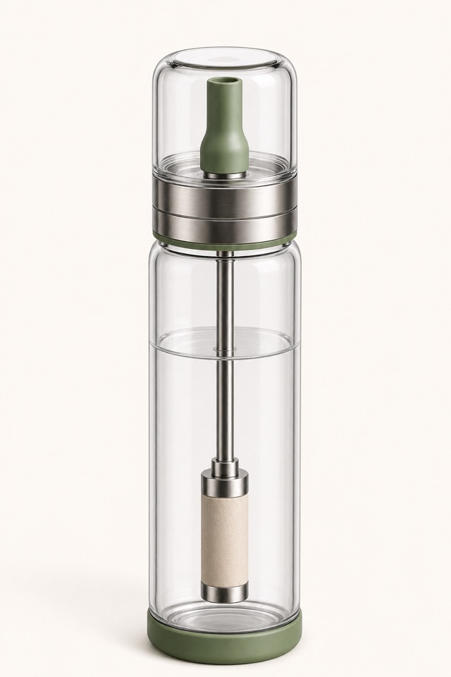 The Sift filter bottle — borosilicate glass body and cap, stainless-steel lid, replaceable filter and silicone mouthpiece