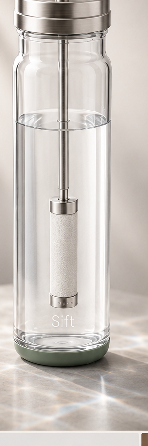 The Sift filter bottle — borosilicate glass body, stainless-steel lid, replaceable carbon filter and silicone mouthpiece