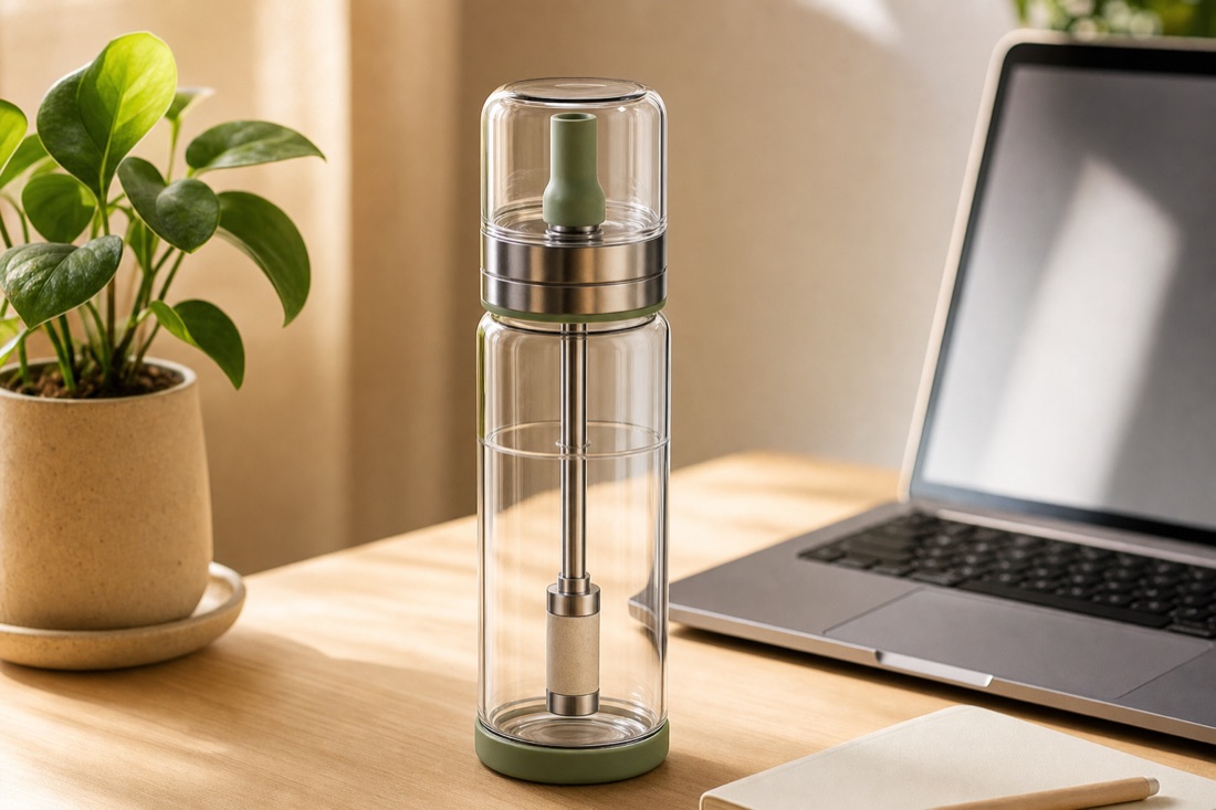 Sift bottle on a sunlit desk beside a plant