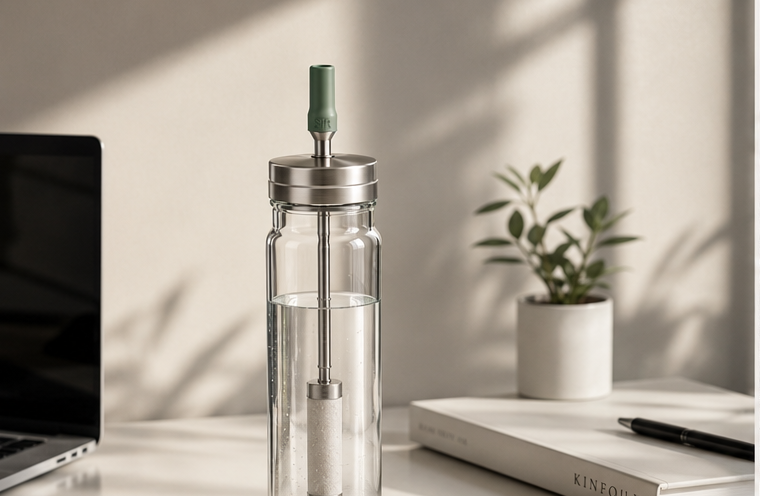 Sift bottle on a sunlit desk beside a plant