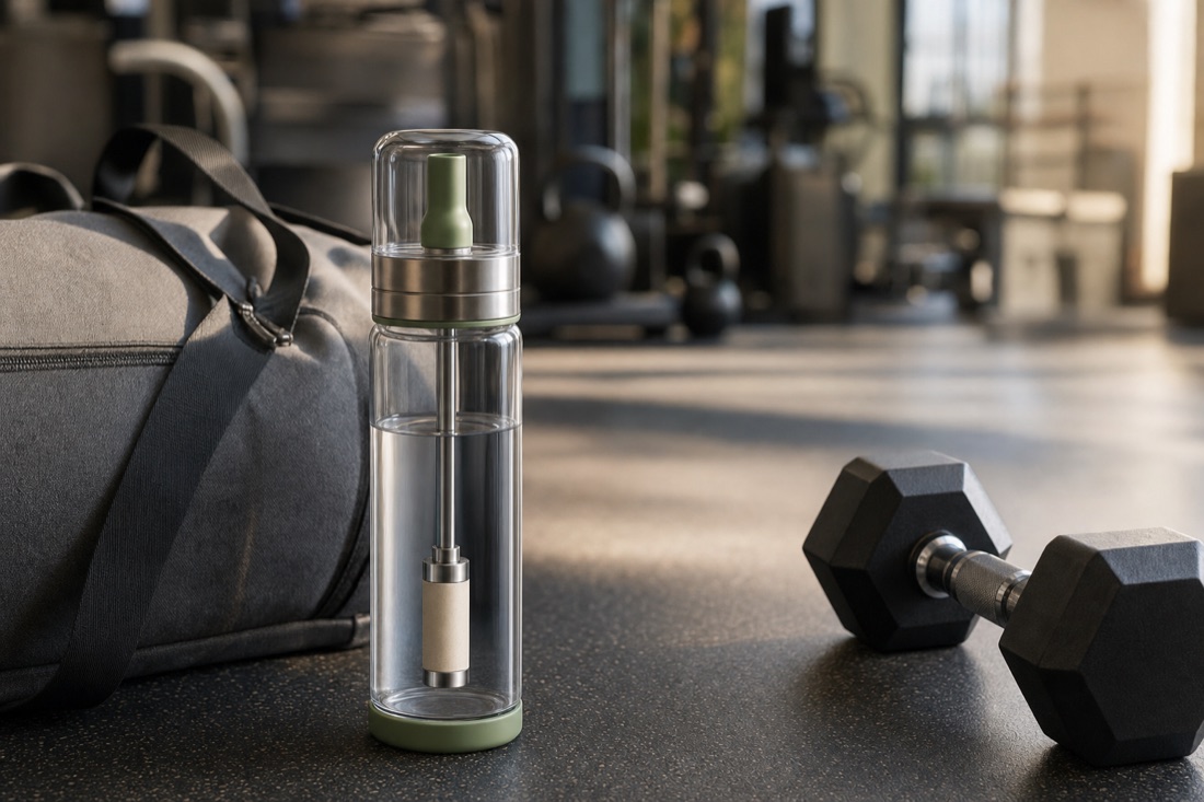 Sift bottle beside a gym bag and weights