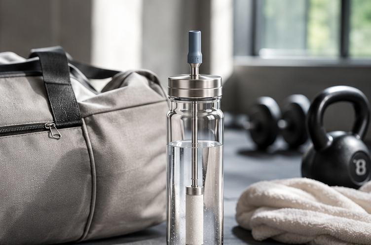 Sift bottle beside a gym bag and weights