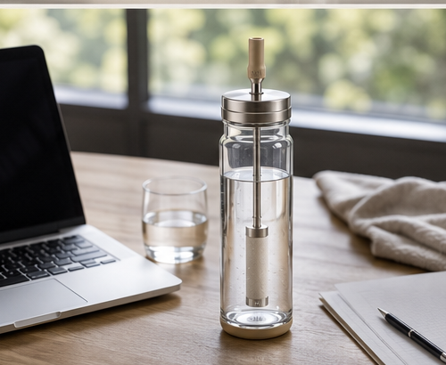 Sift bottle on a desk beside a laptop