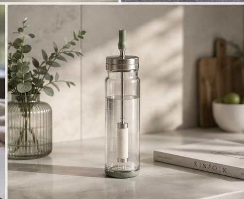 Sift bottle on a counter with greenery