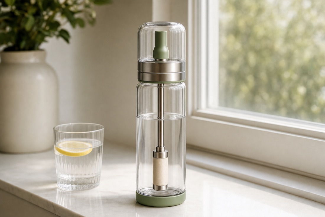 The Sift bottle on a desk beside a glass of water