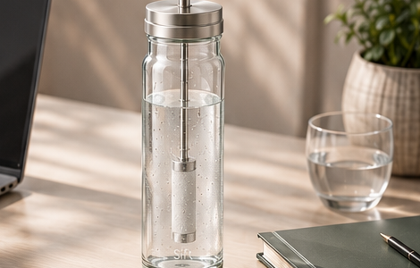The Sift bottle on a desk beside a glass of water