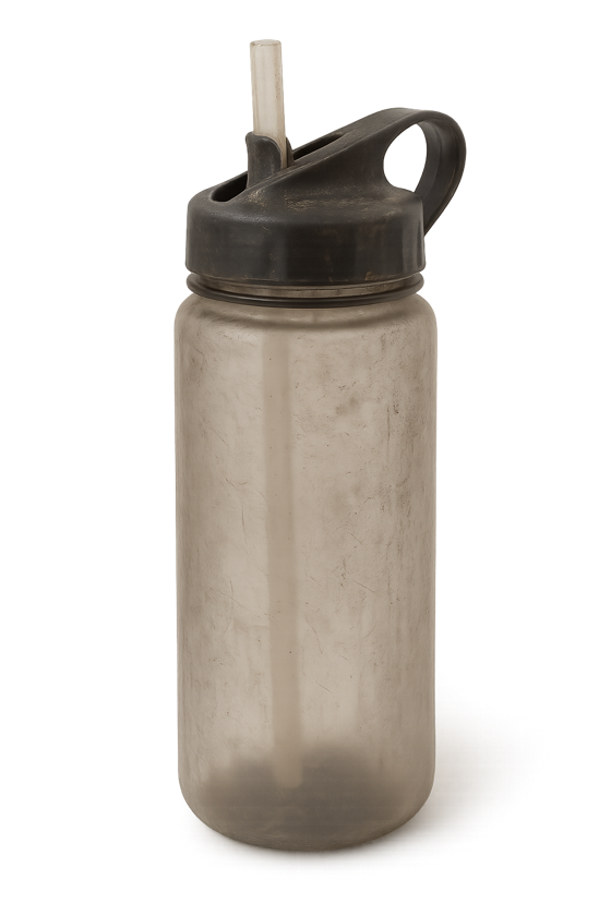 An ordinary plastic water bottle with a plastic straw