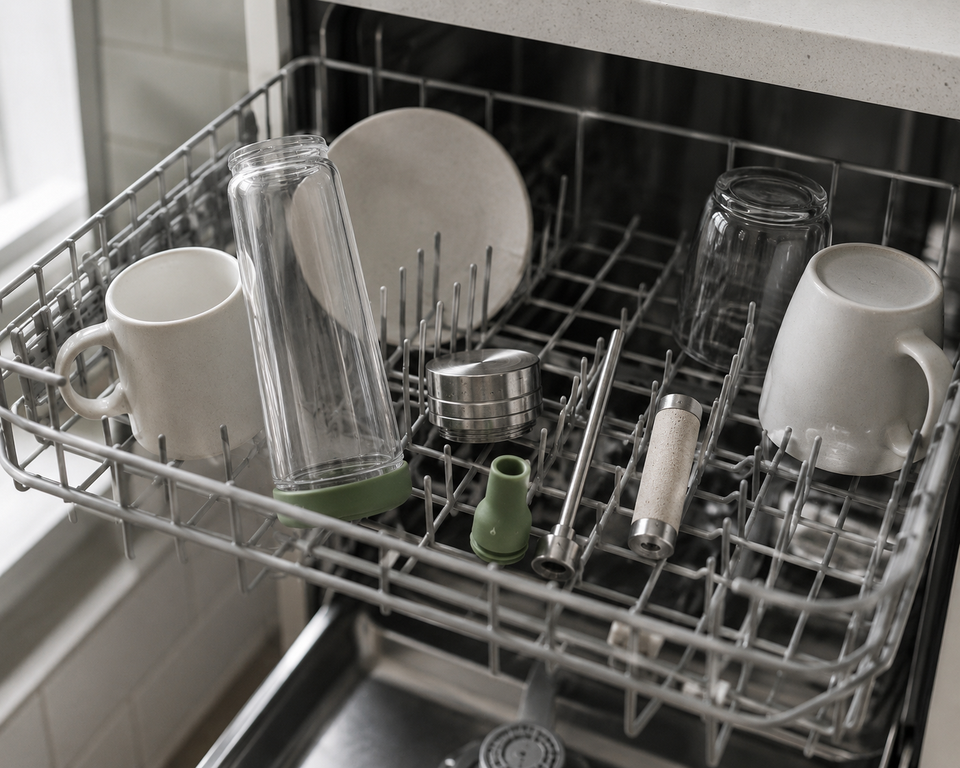 Sift fully disassembled on the top rack of a dishwasher, next to two ceramic mugs, a plate, and a glass tumbler